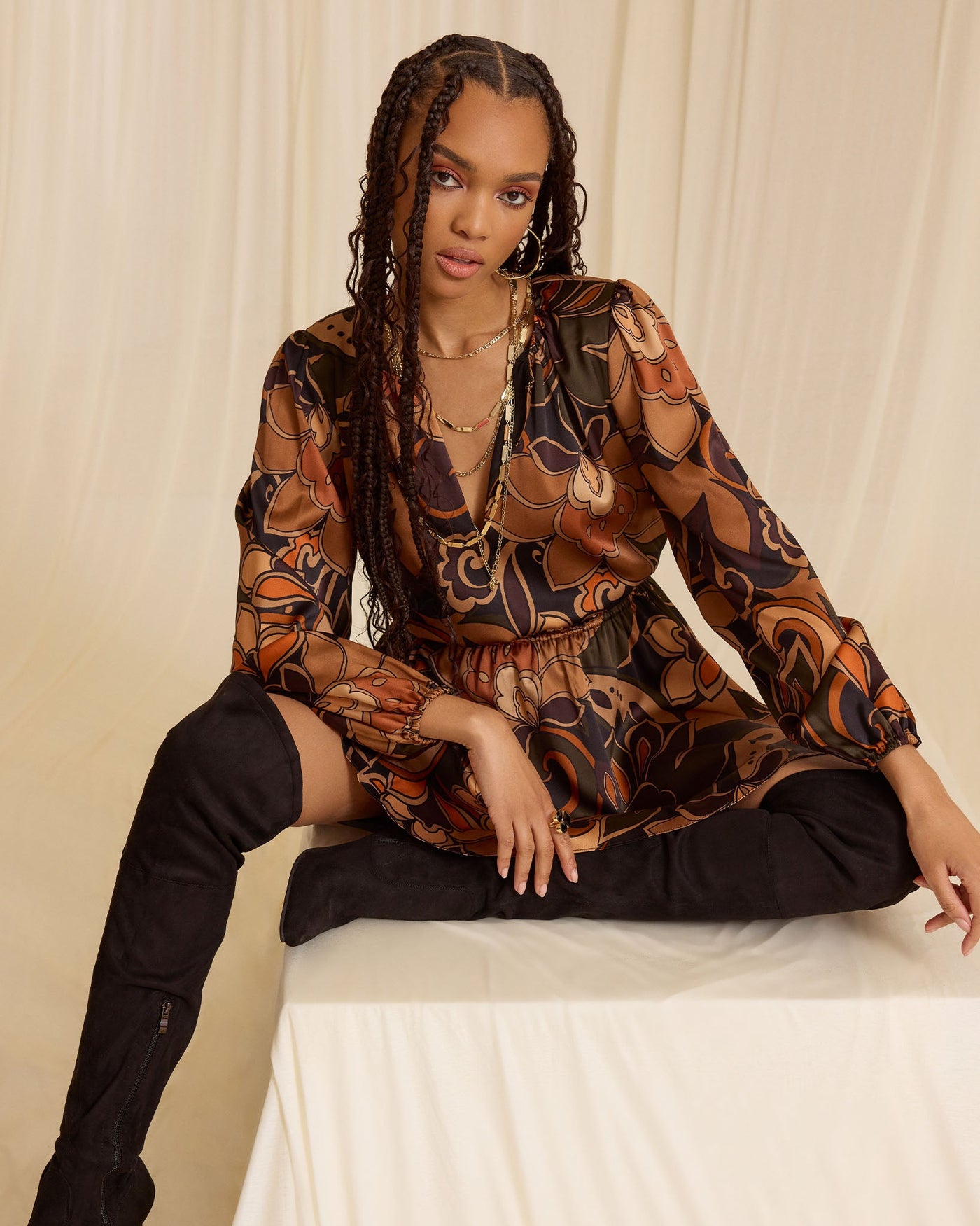 GLORIA PRINTED SILK LONG SLEEVE MINI DRESS IN BROWN FLORAL