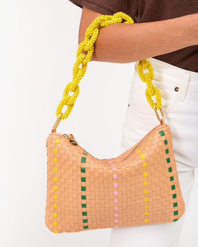 FLAT CLUTCH WITH TABS IN BISQUE WOVEN CHECKER W/ STRIPE
