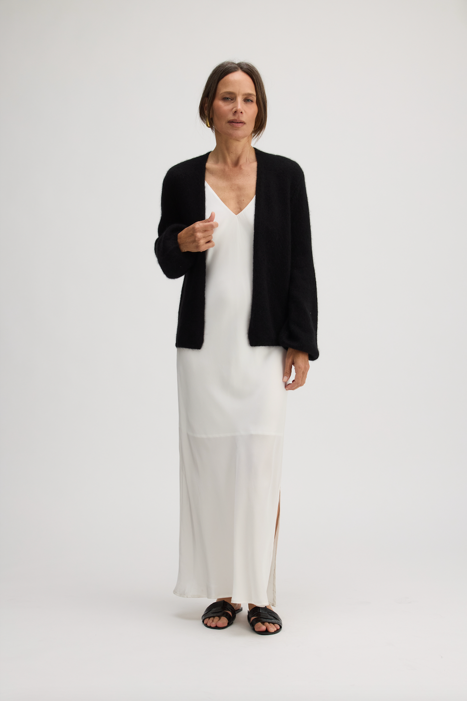 JUNIPER BALLOON-SLEEVE OPEN CARDIGAN IN BLACK