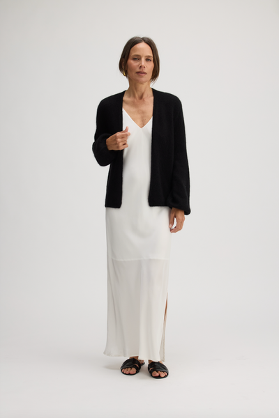 JUNIPER BALLOON-SLEEVE OPEN CARDIGAN IN BLACK