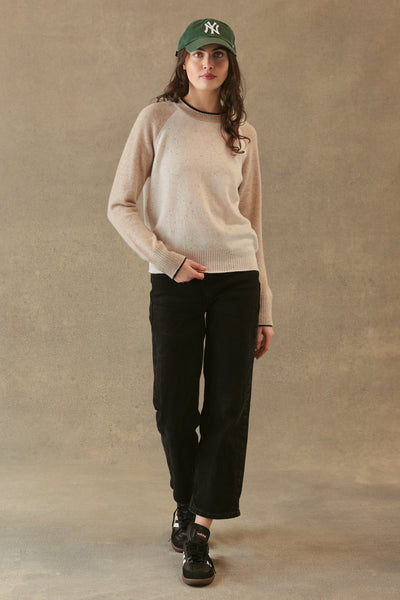PROCTOR CASHMERE BASEBALL PULLOVER IN COCONUT/OATMEAL/ESPRESSO