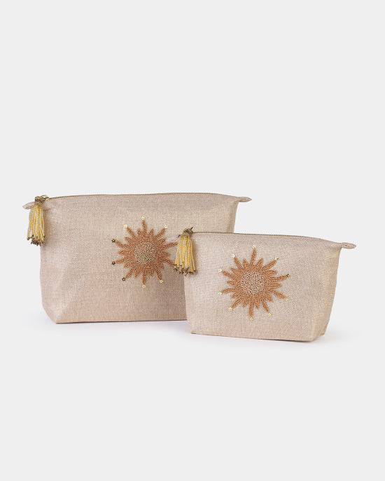 Olivia Dar LARGE SUN MAKE UP BAG IN GOLD LINEN at Romi Boutique