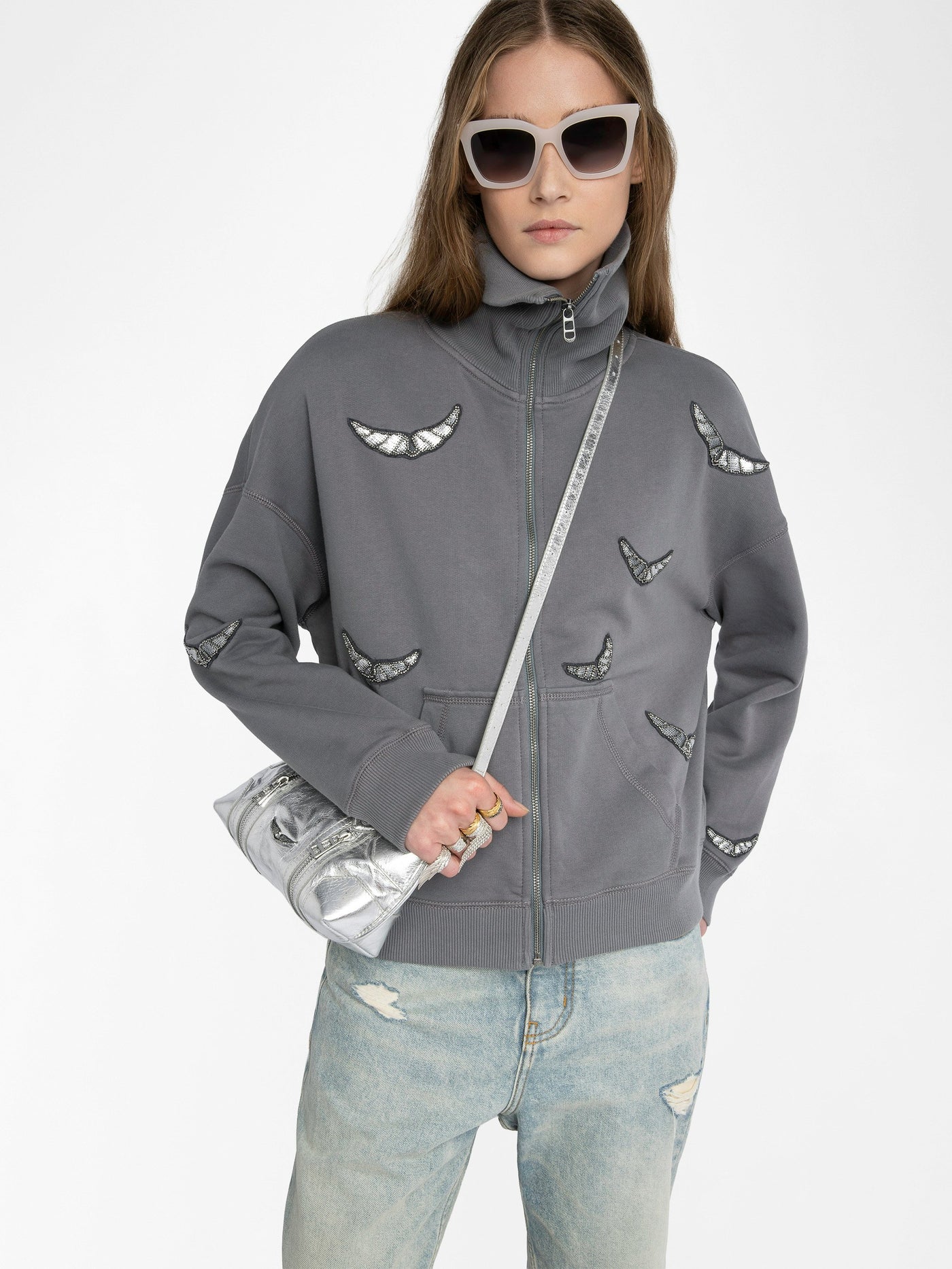 MILLY ZIP UP SWEATSHIRT IN MEDIUM GREY