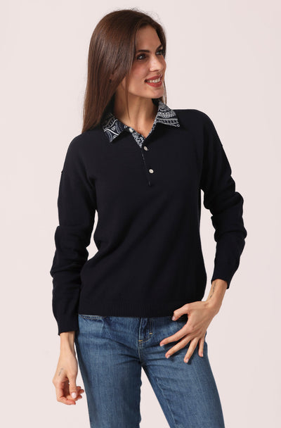 COTTON CASHMERE WOVEN BANDANA COLLAR PULLOVER IN NAVY - Romi Boutique