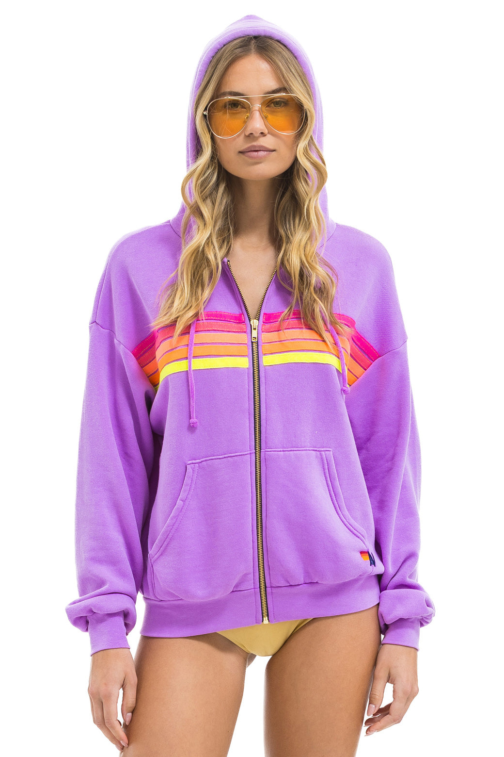 5 STRIPE RELAXED ZIP HOODIE IN NEON PURPLE/NEON
