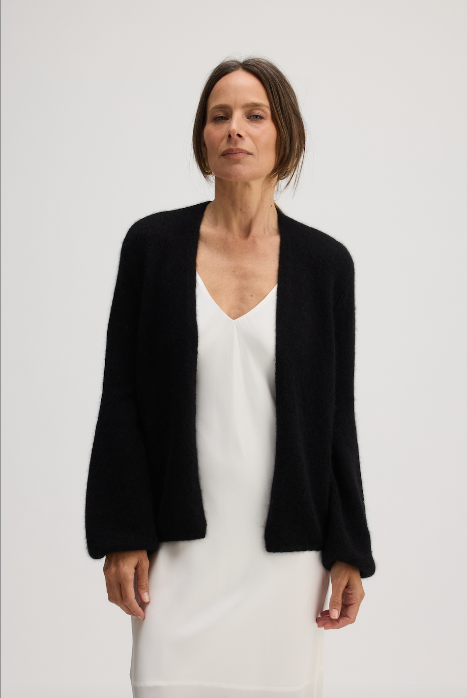 JUNIPER BALLOON-SLEEVE OPEN CARDIGAN IN BLACK