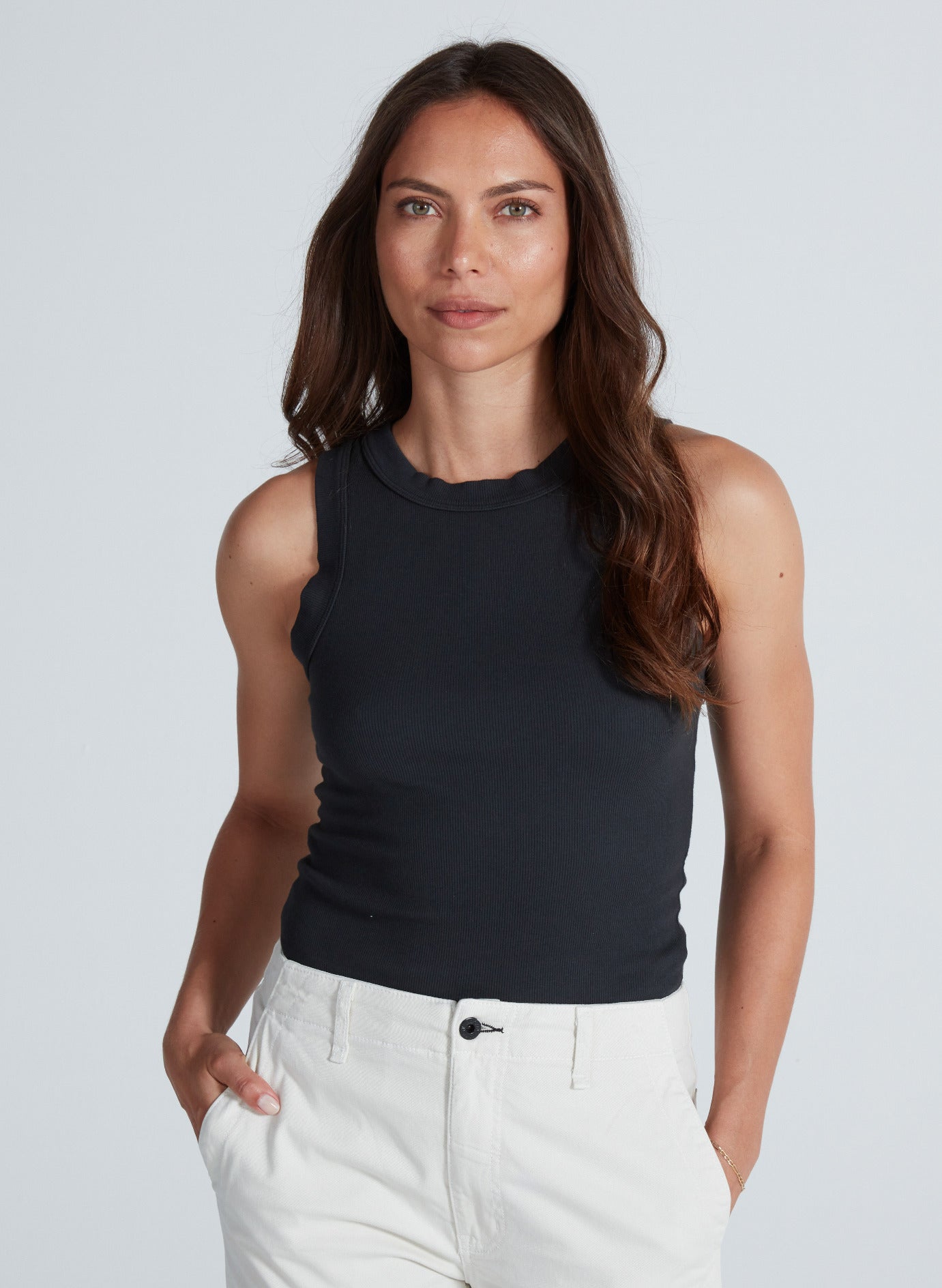 RIB TANK IN STONE BLACK - Romi Boutique