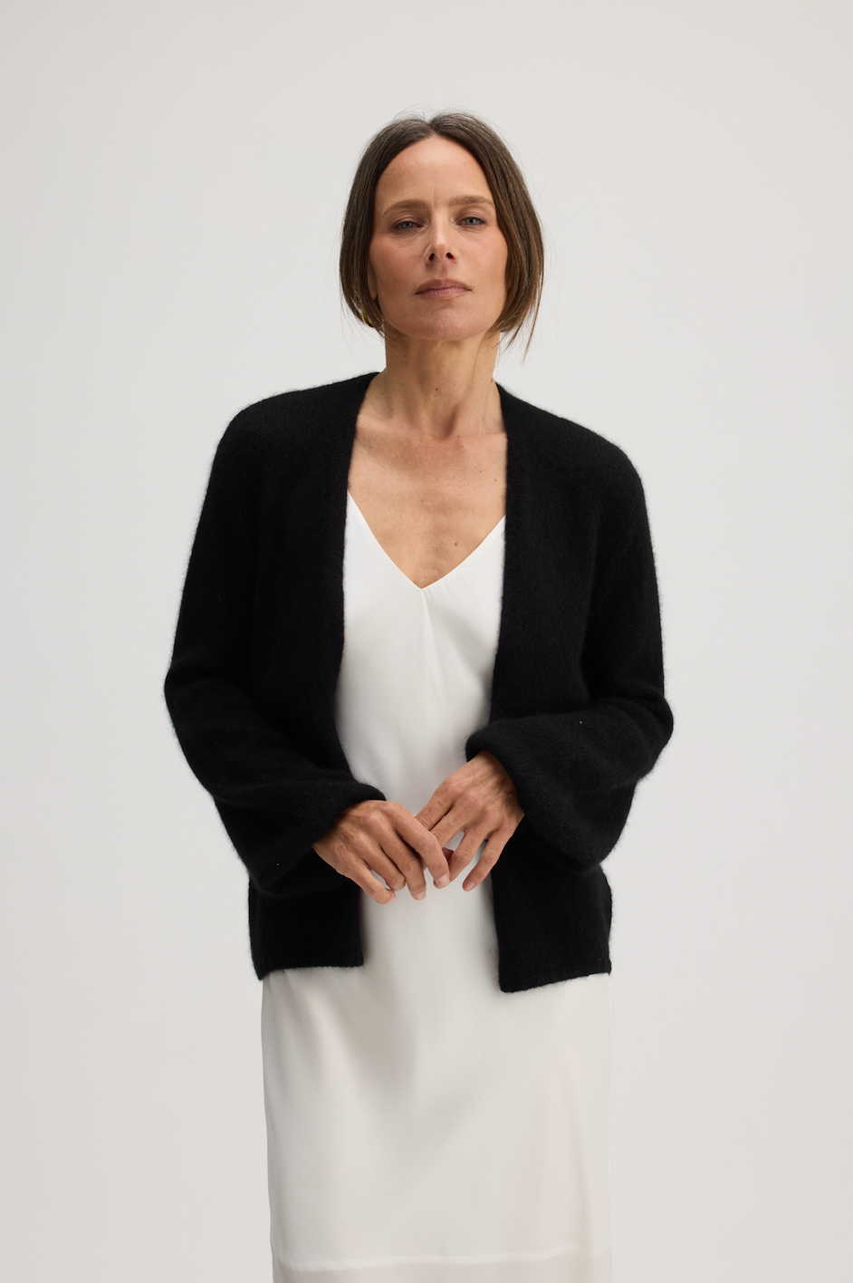 JUNIPER BALLOON-SLEEVE OPEN CARDIGAN IN BLACK