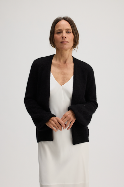 JUNIPER BALLOON-SLEEVE OPEN CARDIGAN IN BLACK