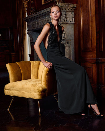 CHANTAL PLUNGING METALLIC LACE GOWN IN BLACK