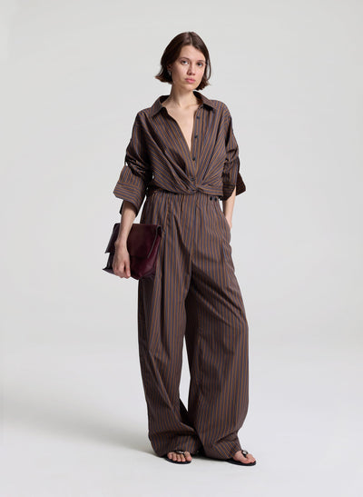 LEO STRIPED COTTON SHIRT IN BROWN MULTI - Romi Boutique