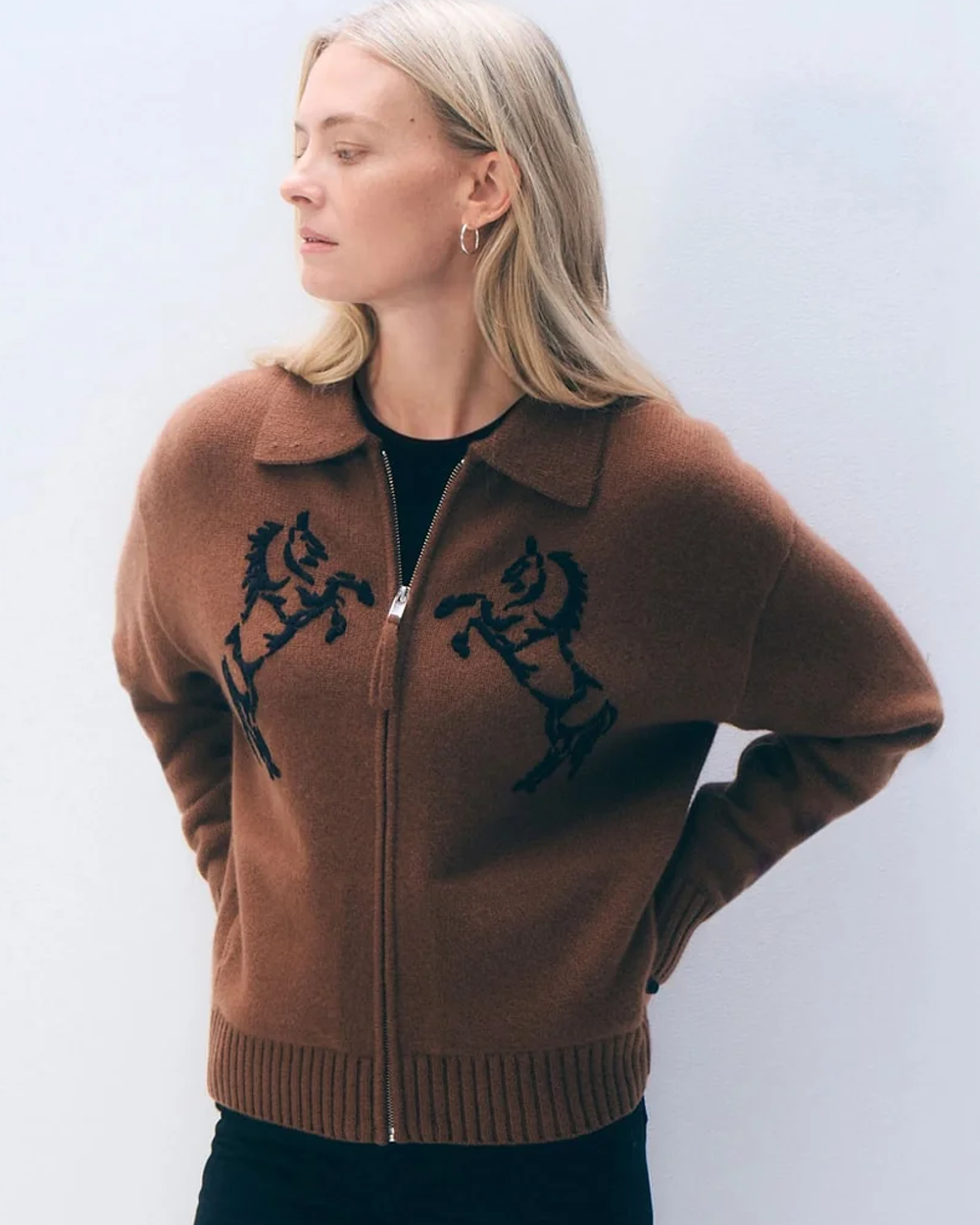 Cashmere Blend Horse Zip-Up Sweater