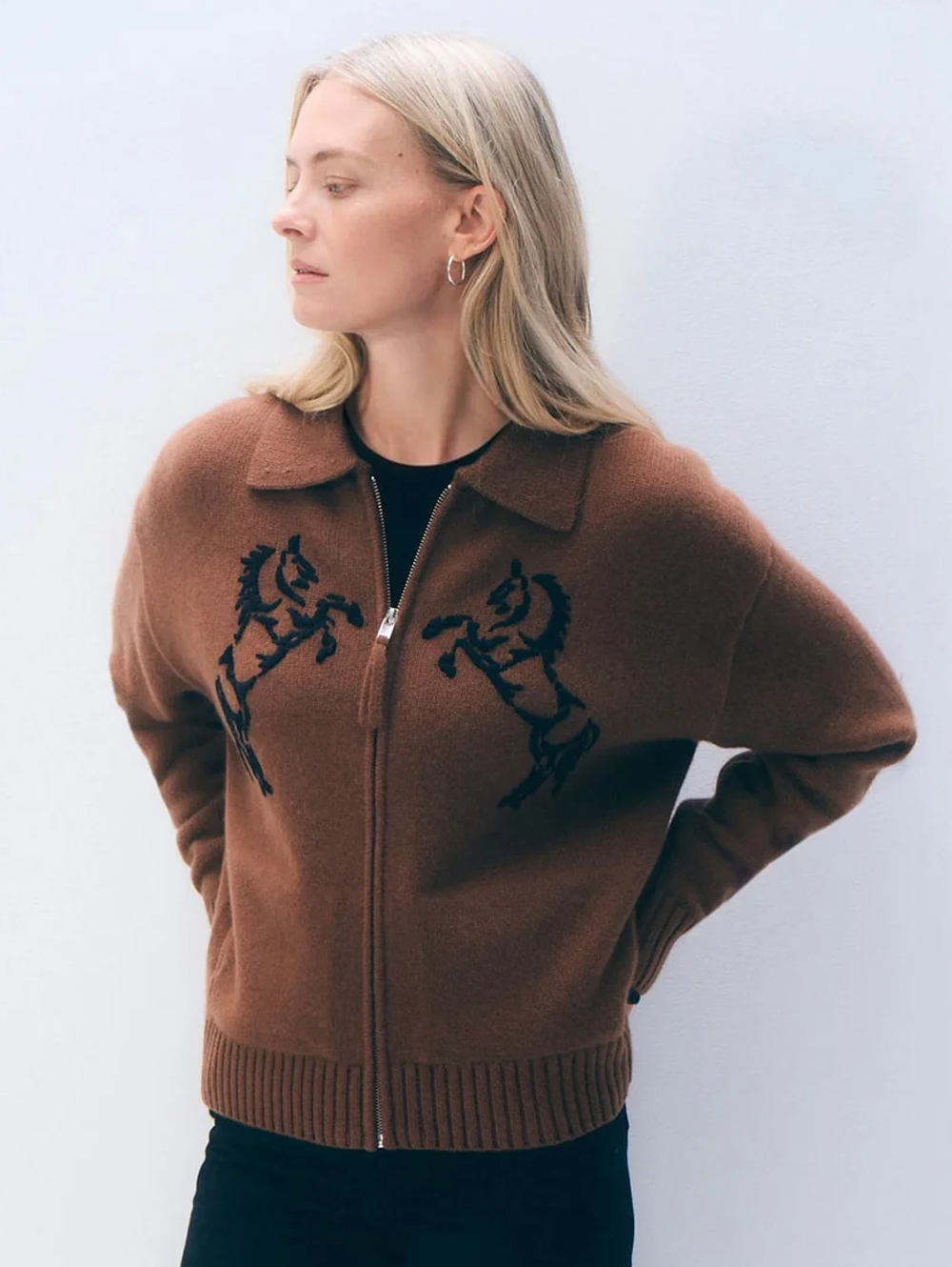 Cashmere Blend Horse Zip-Up Sweater