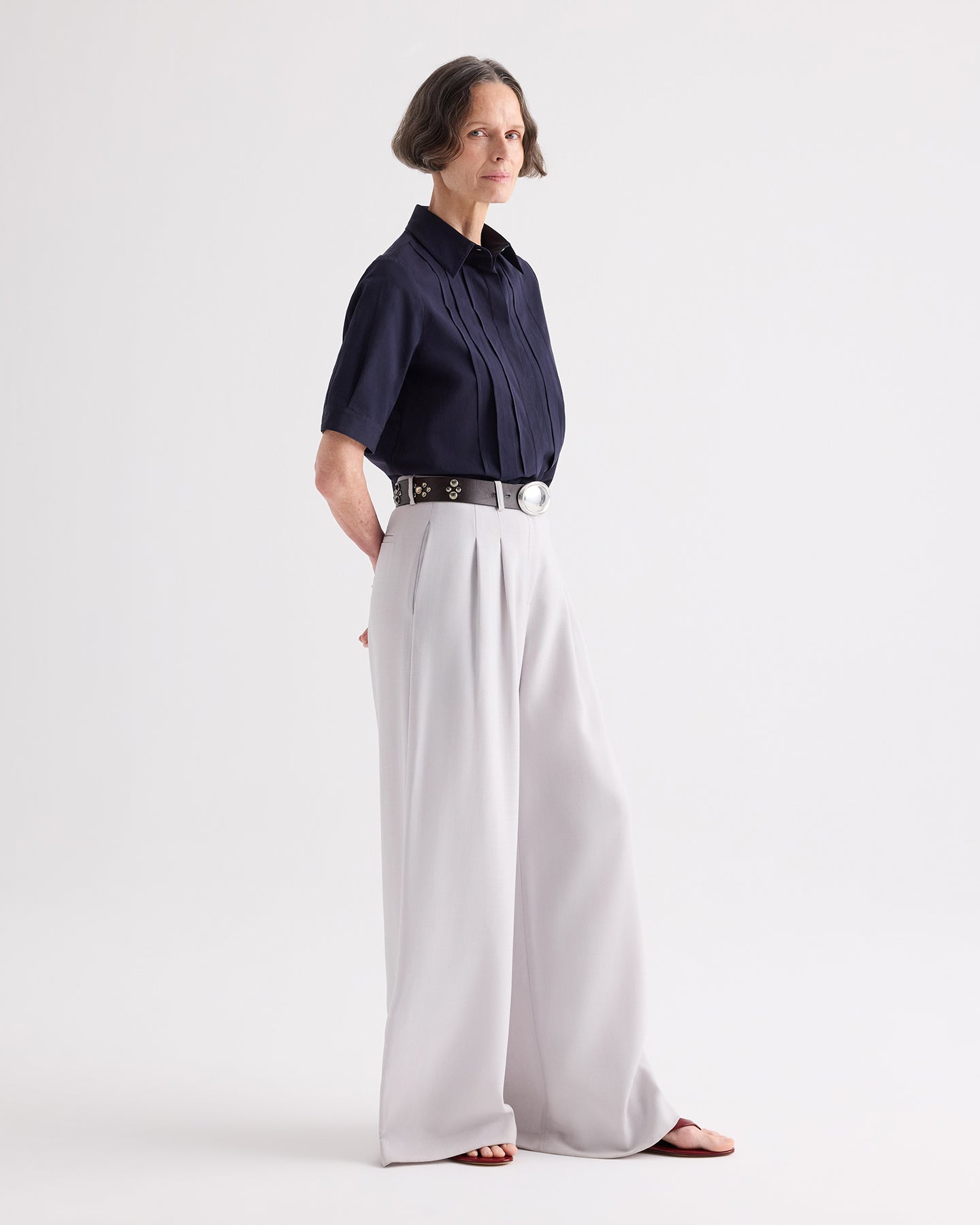TWP Short Lived Shirt with Pleated Placket at Romi Boutique