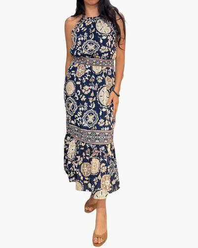 DELIA COTTON SMOCKED HALTER MIDI DRESS IN NEUTRAL MAYA COMBO