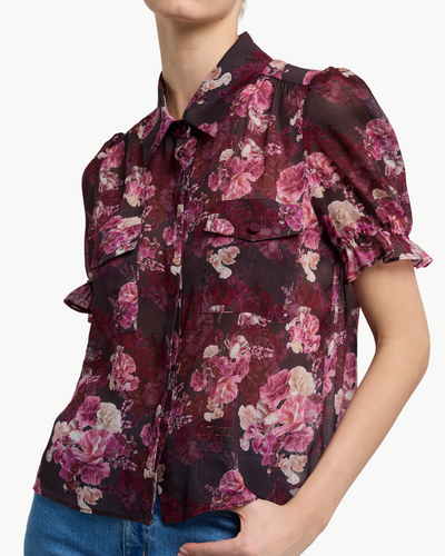MINA FLORAL GEORGETTE SHIRT IN BURGUNDY FLEUR MULTI