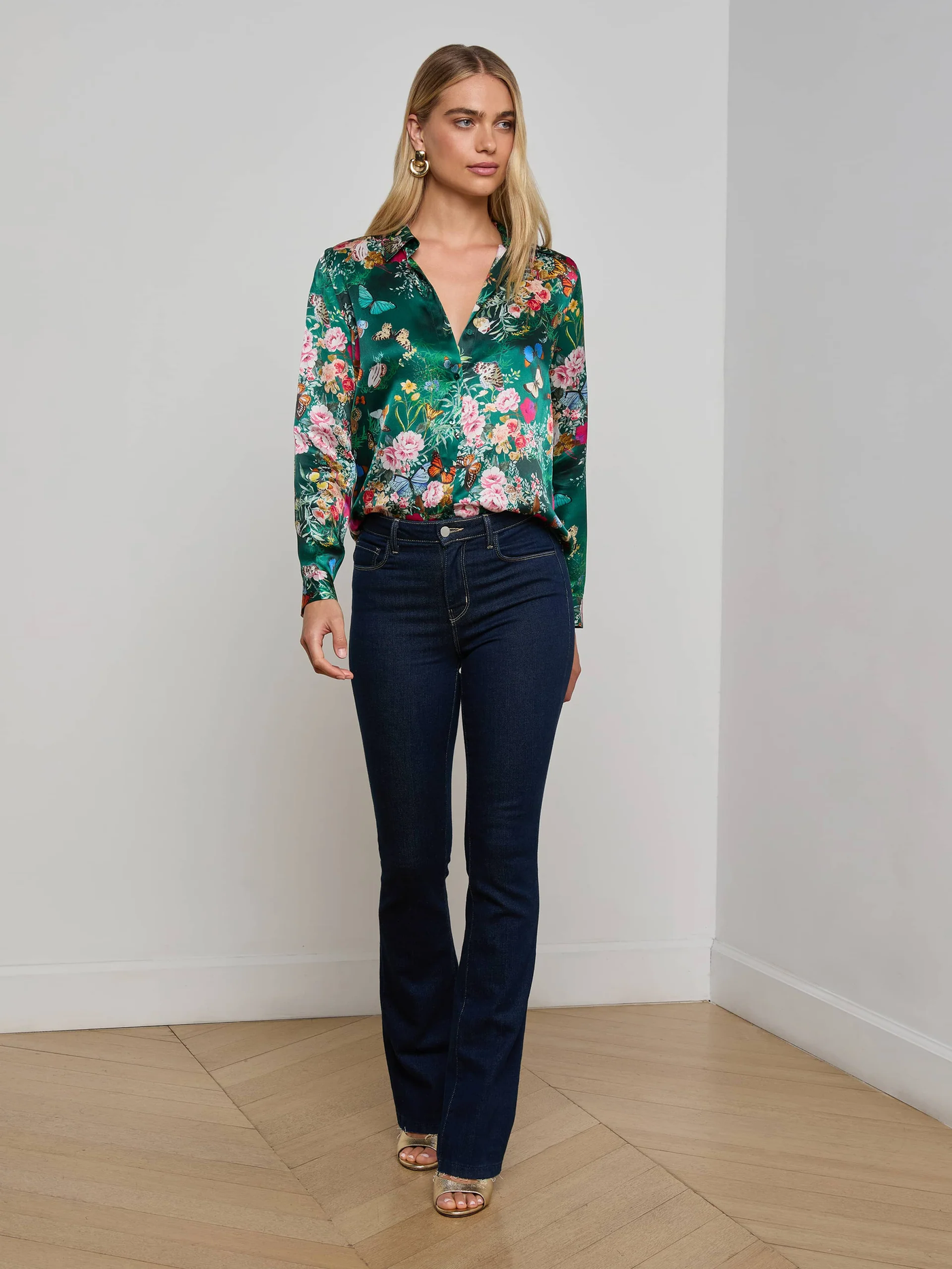 TYLER SILK BLOUSE IN BOTTLE GREEN MULTI CHARONDA BUTTERFLY - Romi Boutique