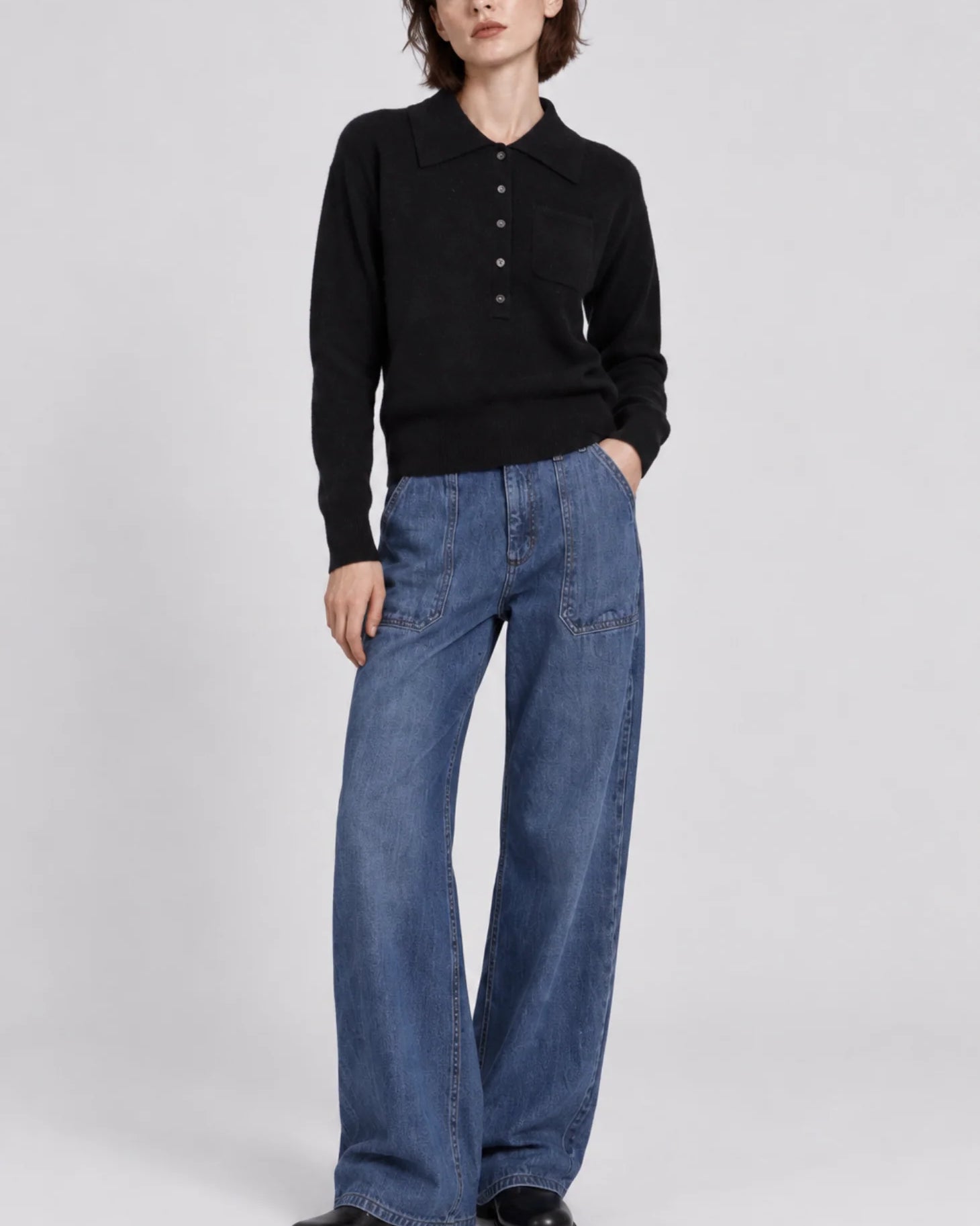 Minnie Rose Cashmere Henley Polo with Pocket at Romi Boutique
