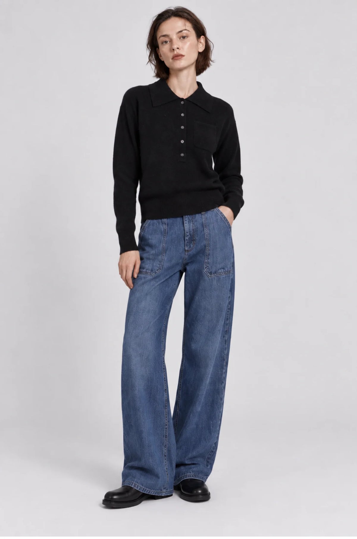 Minnie Rose Cashmere Henley Polo with Pocket at Romi Boutique