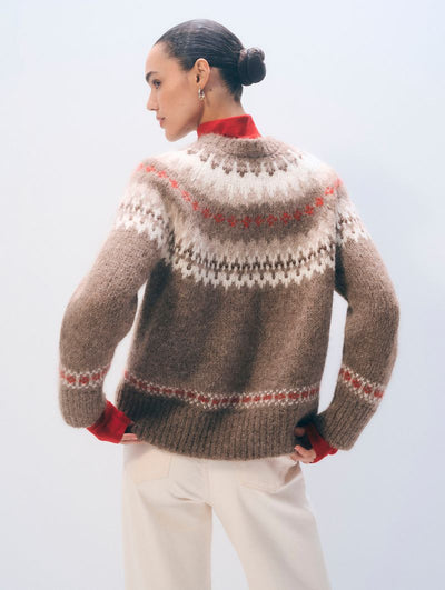 ALPACA BLEND FAIR ISLE CREWNECK IN BROWN COMBO