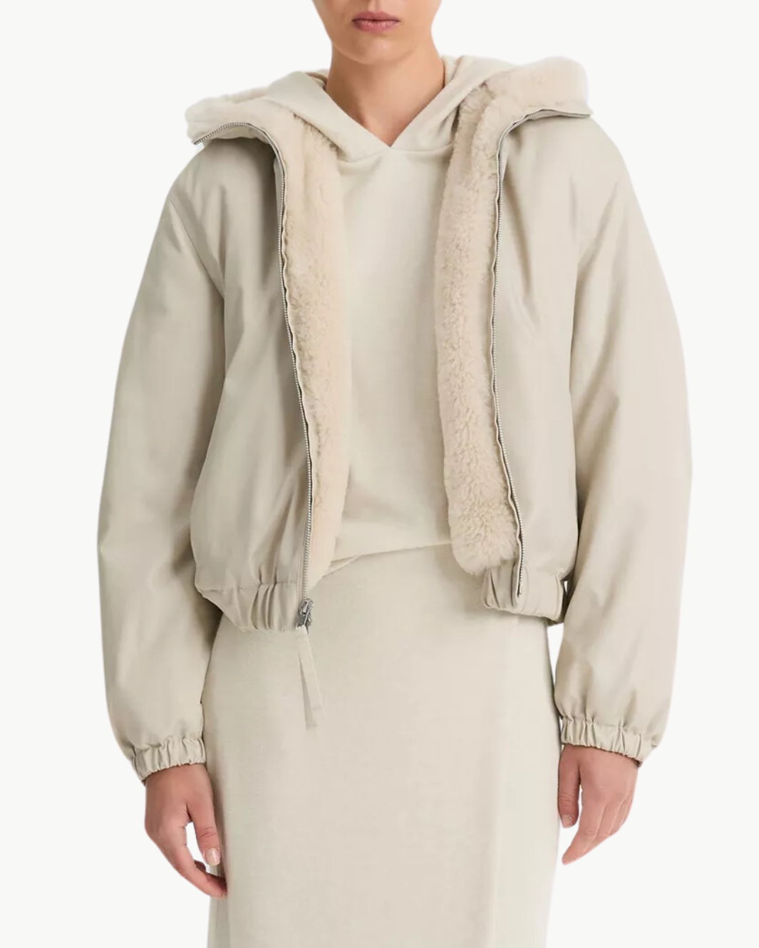 FAUX FUR LINED BOMBER JACKET IN CERAMIC