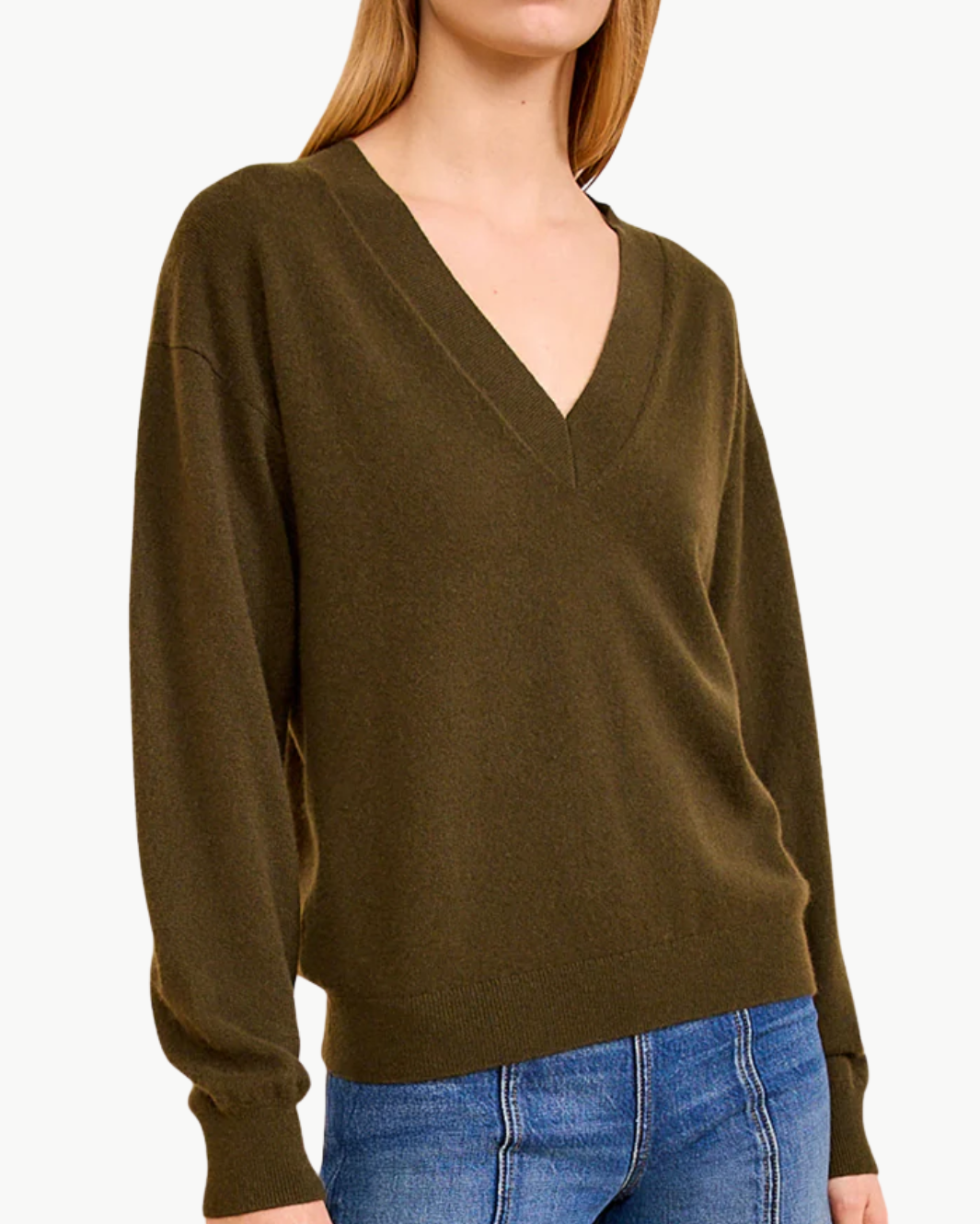 RYLA CASHMERE V-NECK PULLOVER IN HUNTER