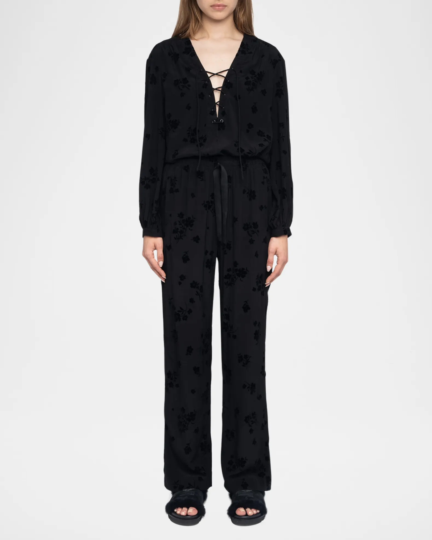 POMA SOFT FLOCK FLOWER PANTS IN BLACK