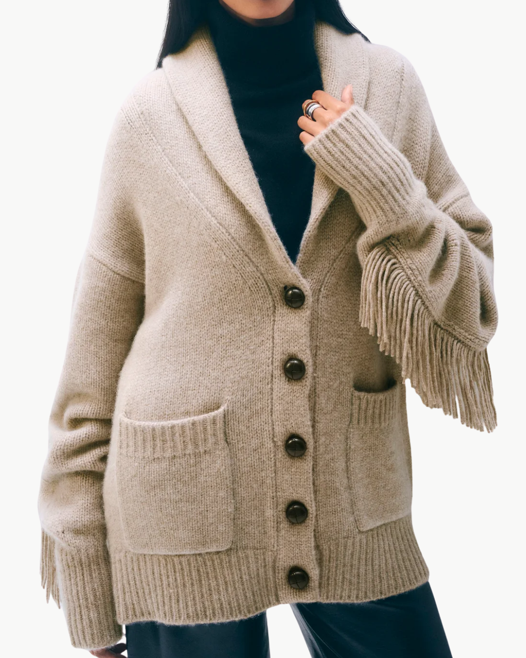 CASHMERE BLEND LUXE FRINGE COATIGAN IN MISTY BROWN HEATHER