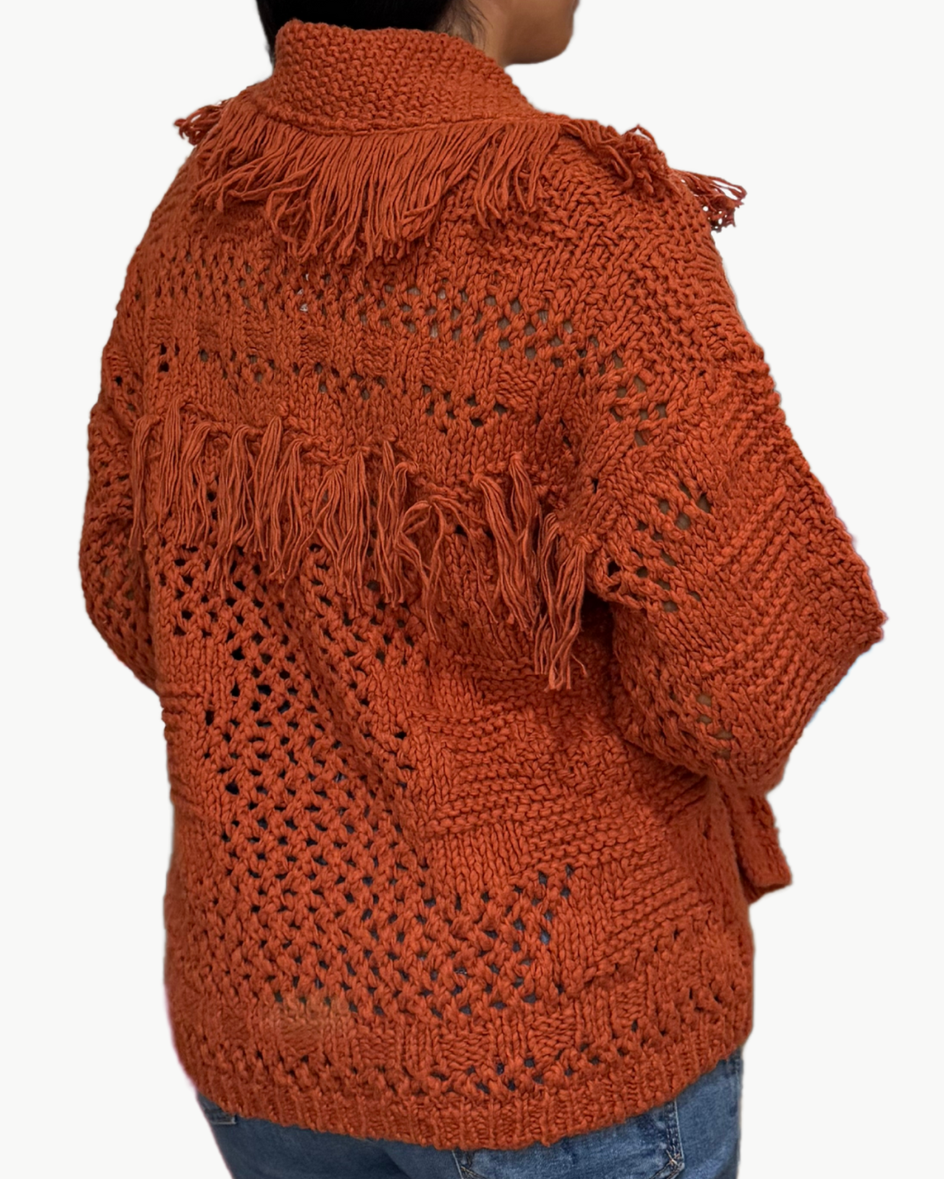 SOUTHWEST FRINGED SHAWL COLLAR THROW IN PERSIMMON - Romi Boutique