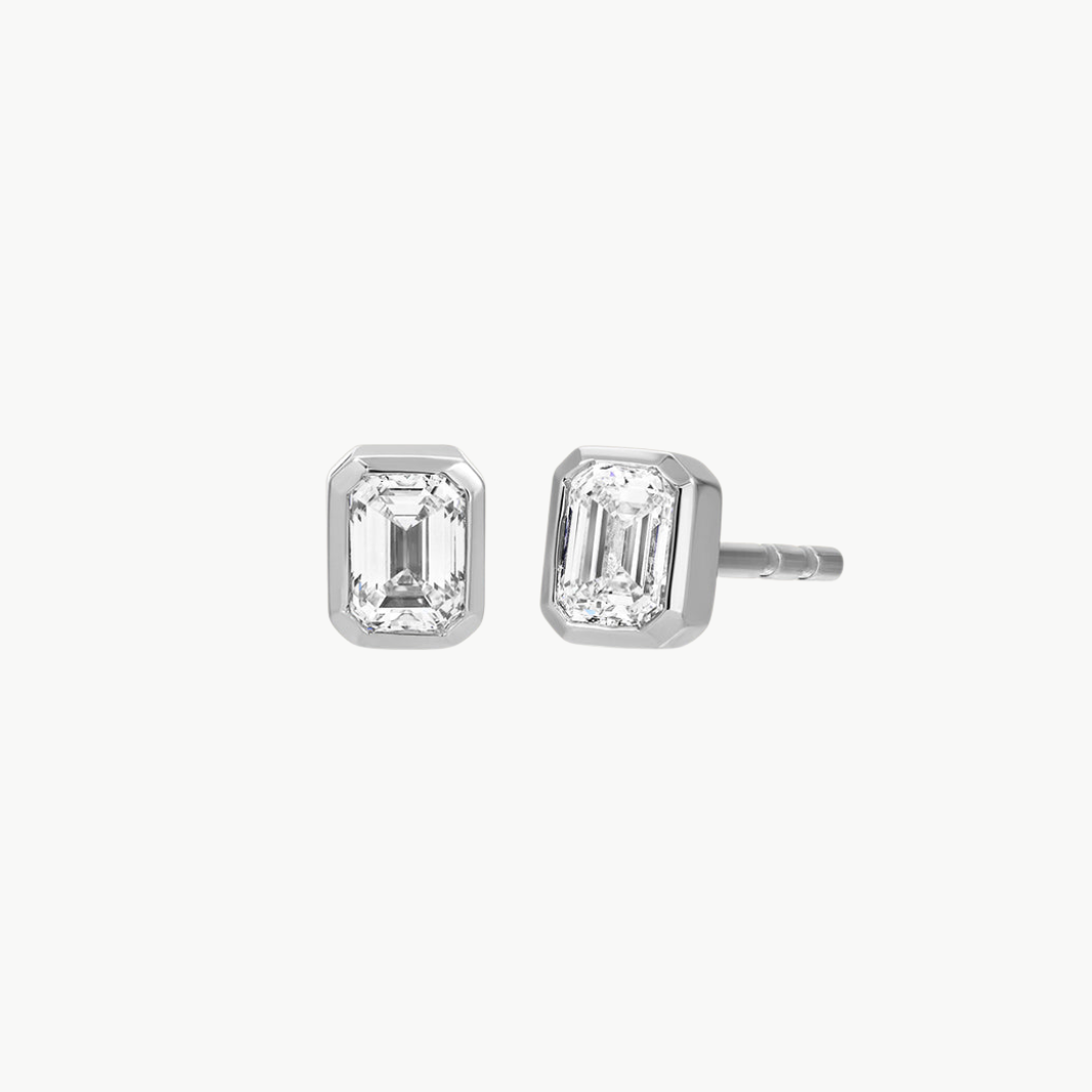 EF Collection Bezel Set Emerald Cut Diamond Stud Earring at Romi Boutique
