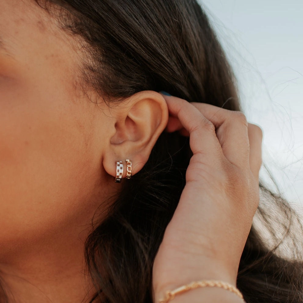 Romi Brown & White Checkered Hoops at Romi Boutique