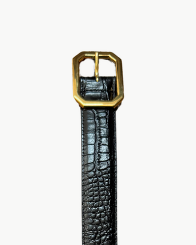 ANAIS BELT IN BLACK CROC W/ ANTIQUE GOLD BUCKLE