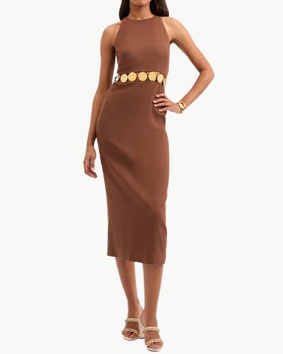 ISLA GOLD-MEDALLION MIDI DRESS IN LIGHT CHICORY