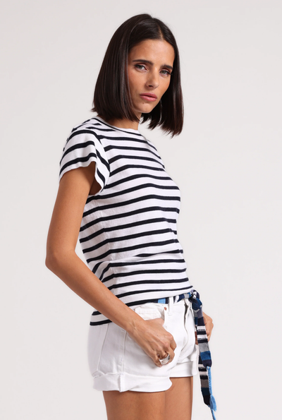SUPIMA COTTON CASHMERE STRIPED CREW IN WHITE/NAVY