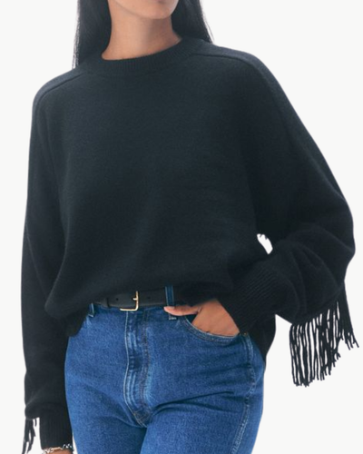 CASHMERE BLEND LUXE FRINGE CREW IN BLACK