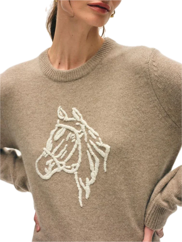 CASHMERE BLEND HORSE EMBROIDERED CREW IN MISTY BROWN/IVORY