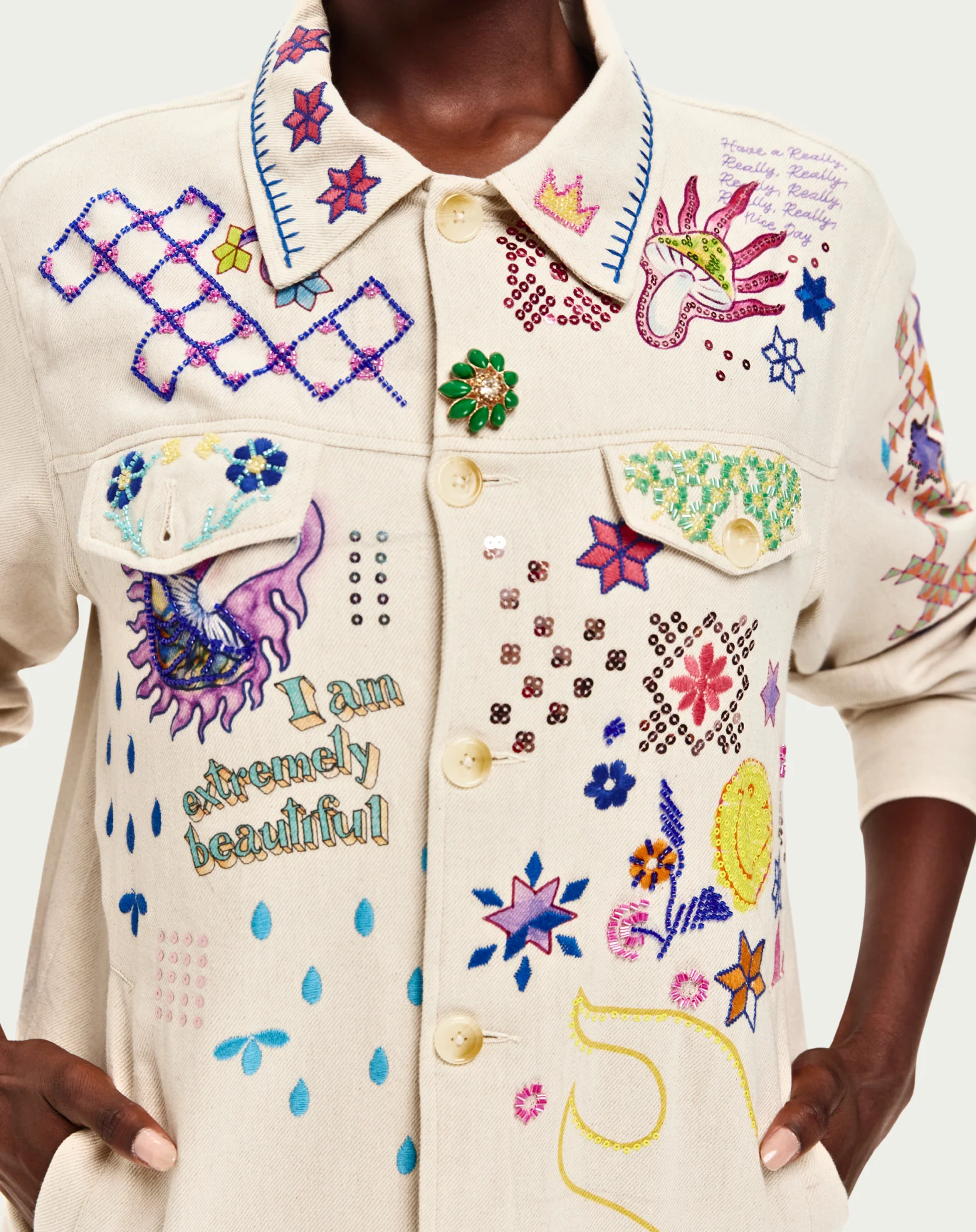 Me369 BRIANN EMBROIDERED DENIM at Romi Boutique