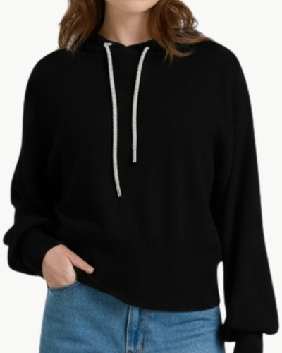 HILARY RHINESTONE DRAWSTRING CASHMERE HOODIE IN BLACK