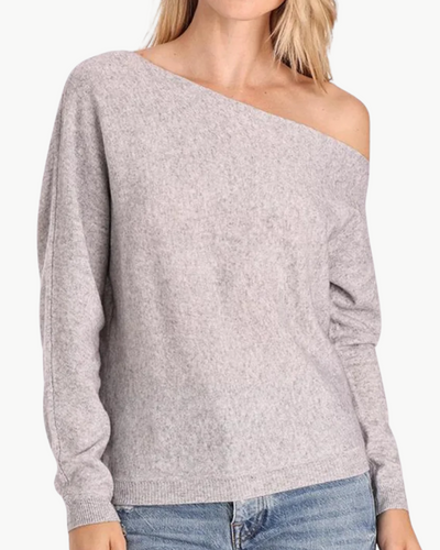 COTTON CASHMERE OFF THE SHOULDER TOP IN LIGHT HEATHER GREY