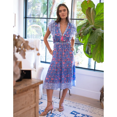 PHOEBE MIDI DRESS IN BLUE PINK PRINT