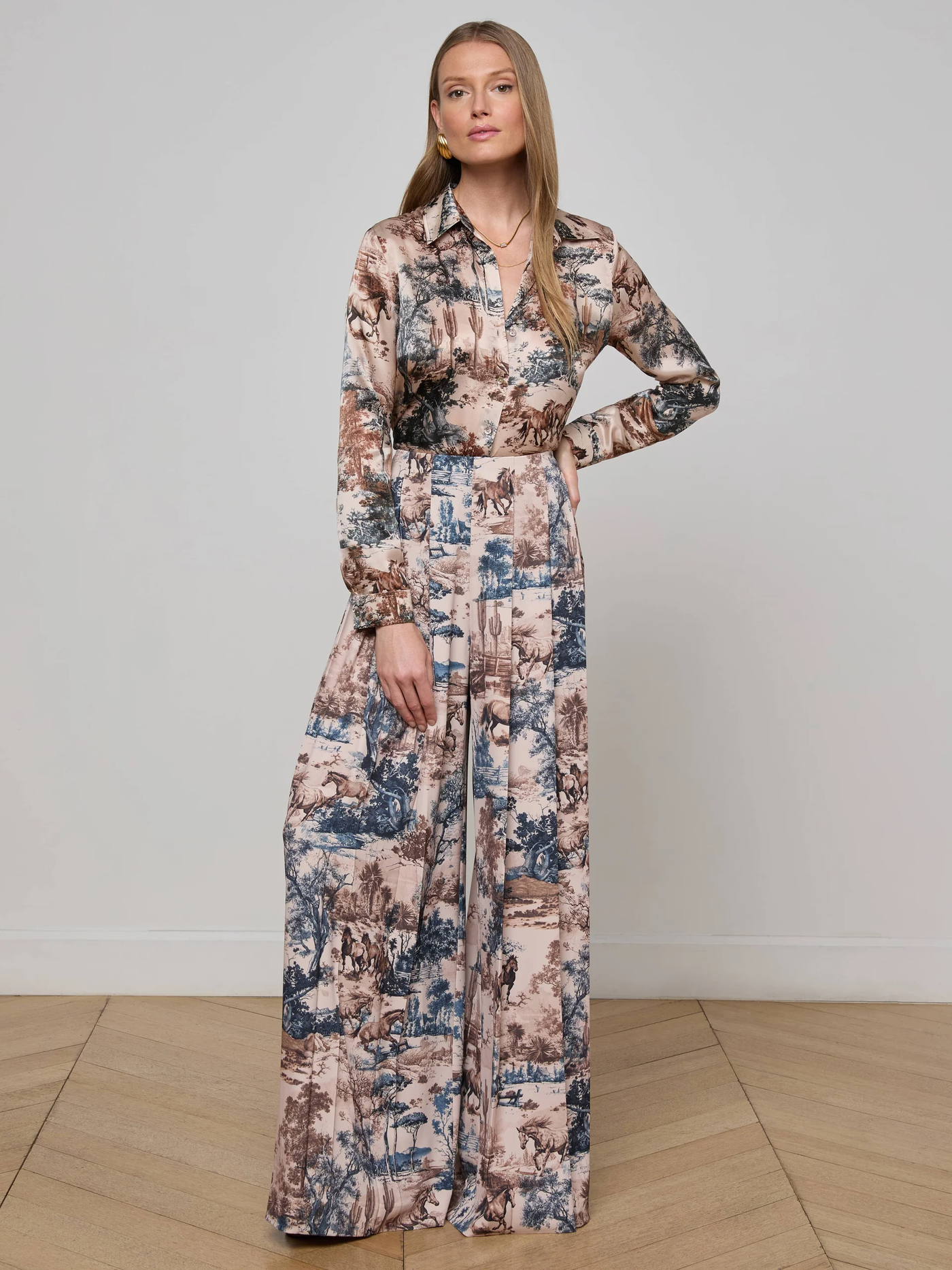 TYLER SILK BLOUSE IN TAN MULTI WESTERN TOILE