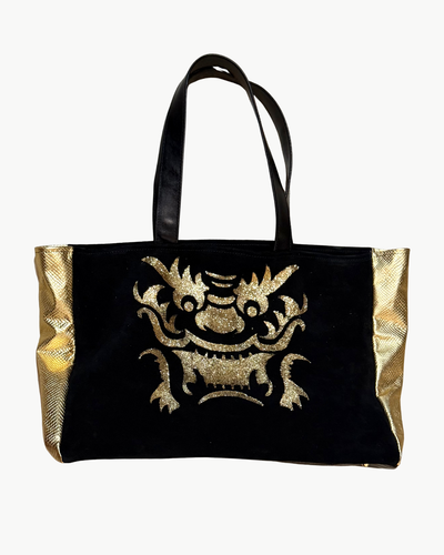 MAHJONG GAMER TOTE IN BLACK SUEDE/ GOLD LEATHER WITH TEXTURED SIDES