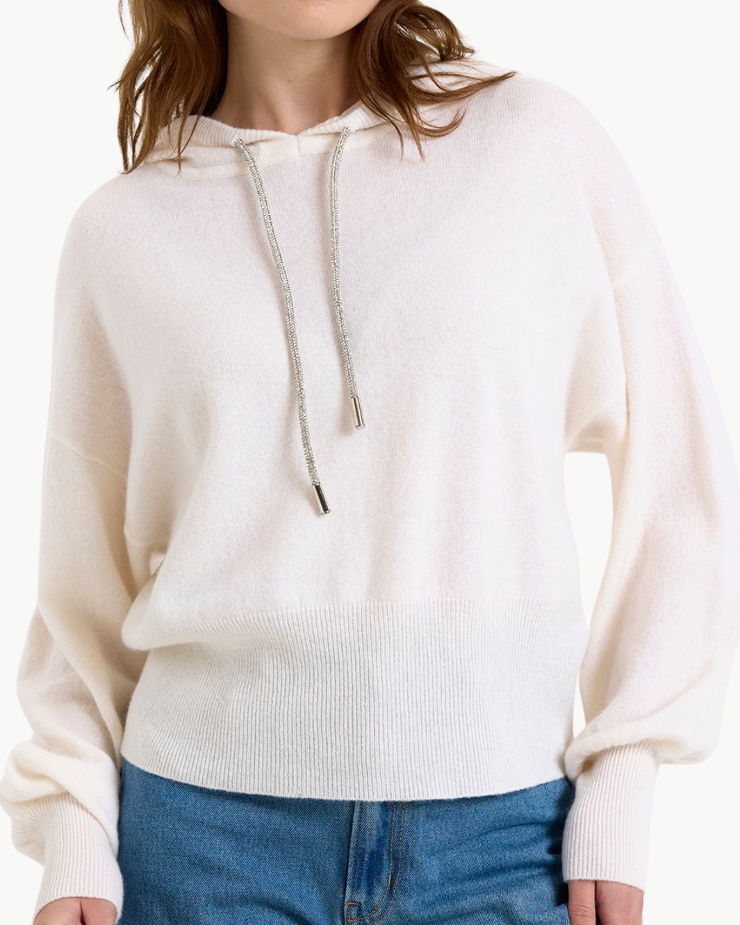 HILARY RHINESTONE DRAWSTRING CASHMERE HOODIE IN ORGANIC WHITE