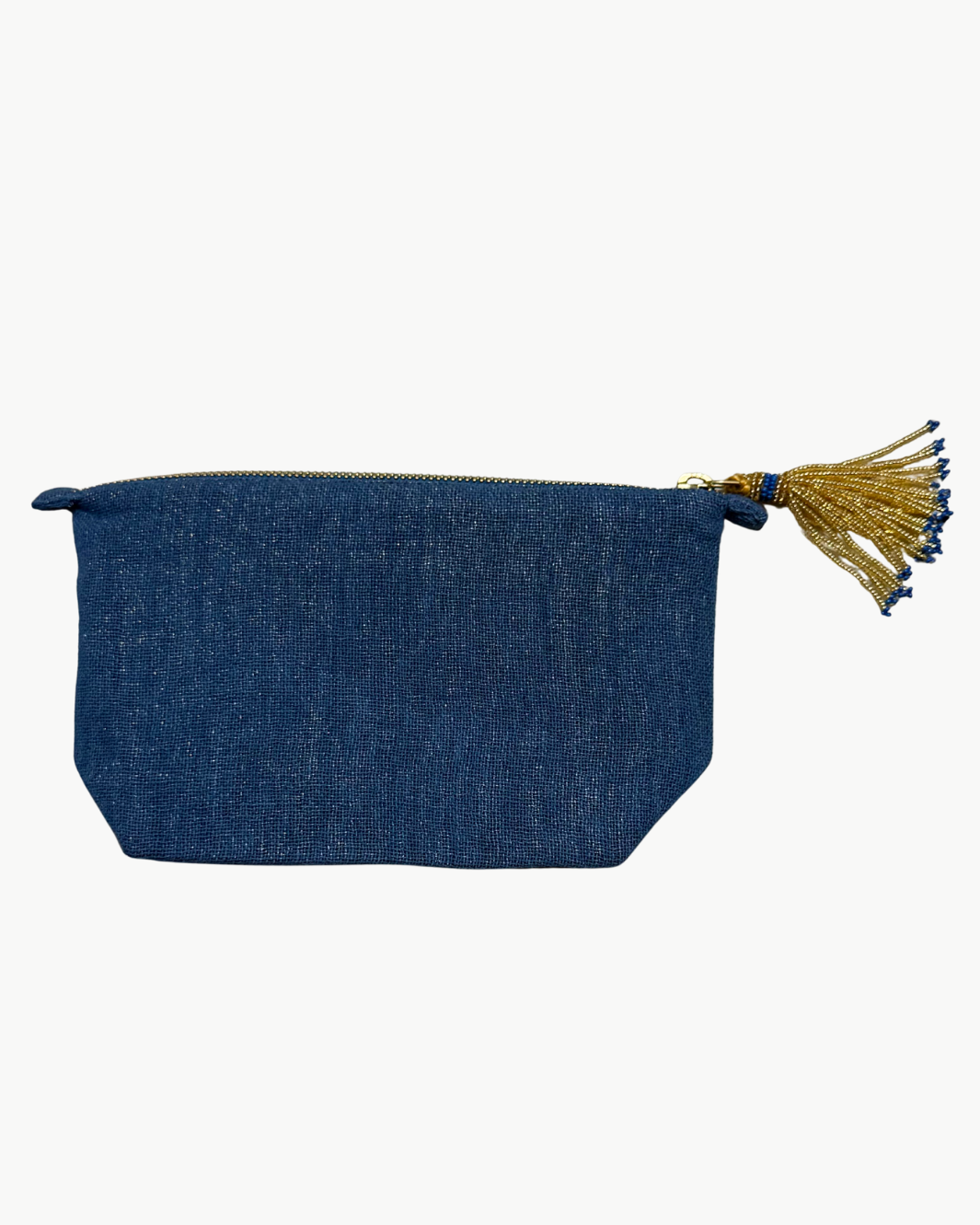 Olivia Dar SMALL SUN MAKE UP BAG IN BLUE LINEN at Romi Boutique