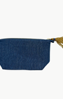 Olivia Dar SMALL SUN MAKE UP BAG IN BLUE LINEN at Romi Boutique