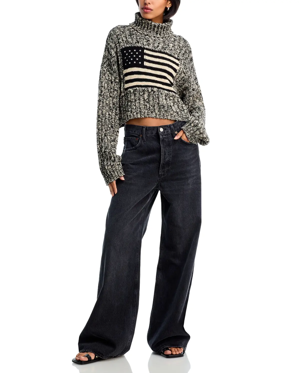 AMERICAN FLAG CROPPED TURTLENECK SWEATER IN MARLED BLACK/CREAM