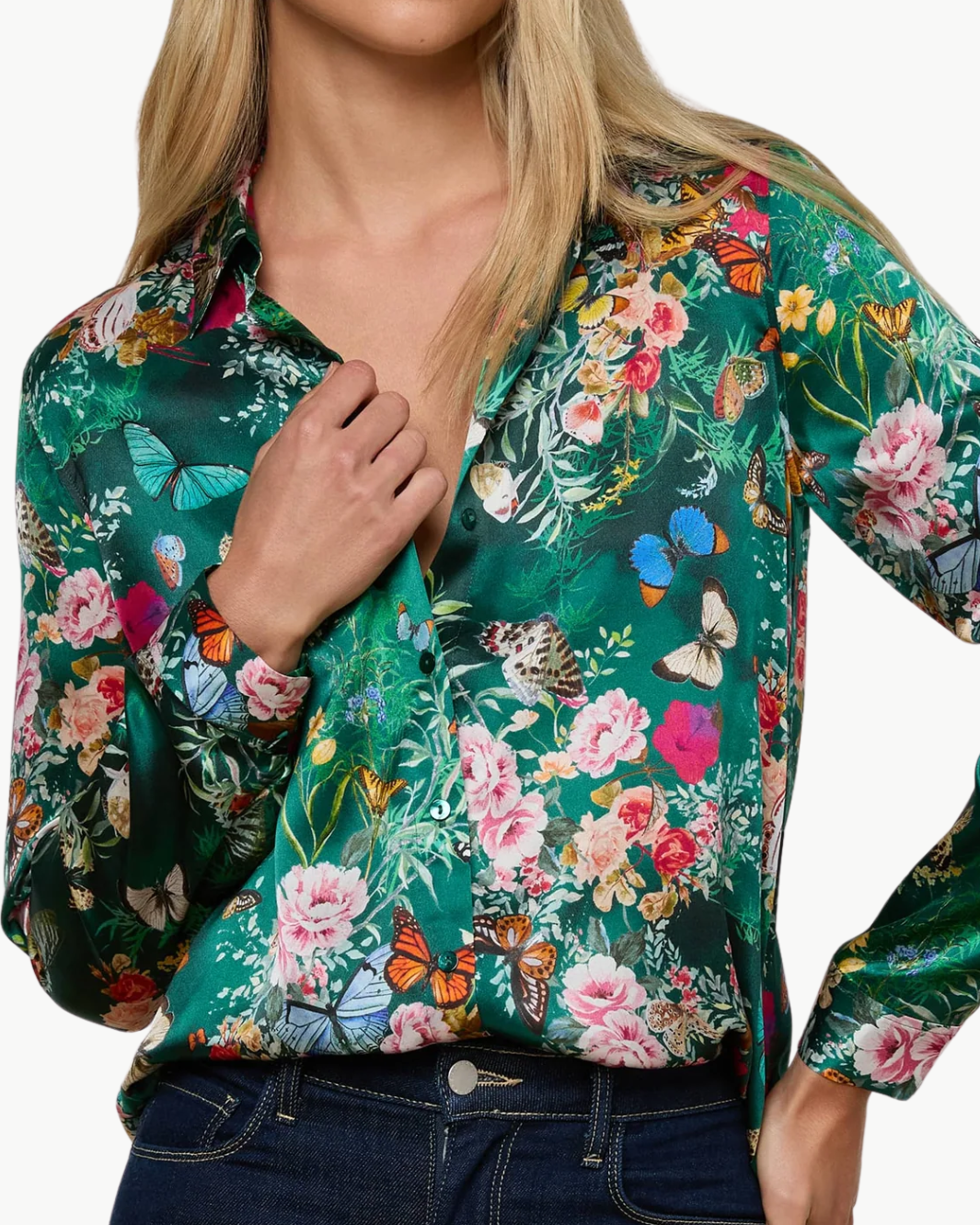 TYLER SILK BLOUSE IN BOTTLE GREEN MULTI CHARONDA BUTTERFLY - Romi Boutique