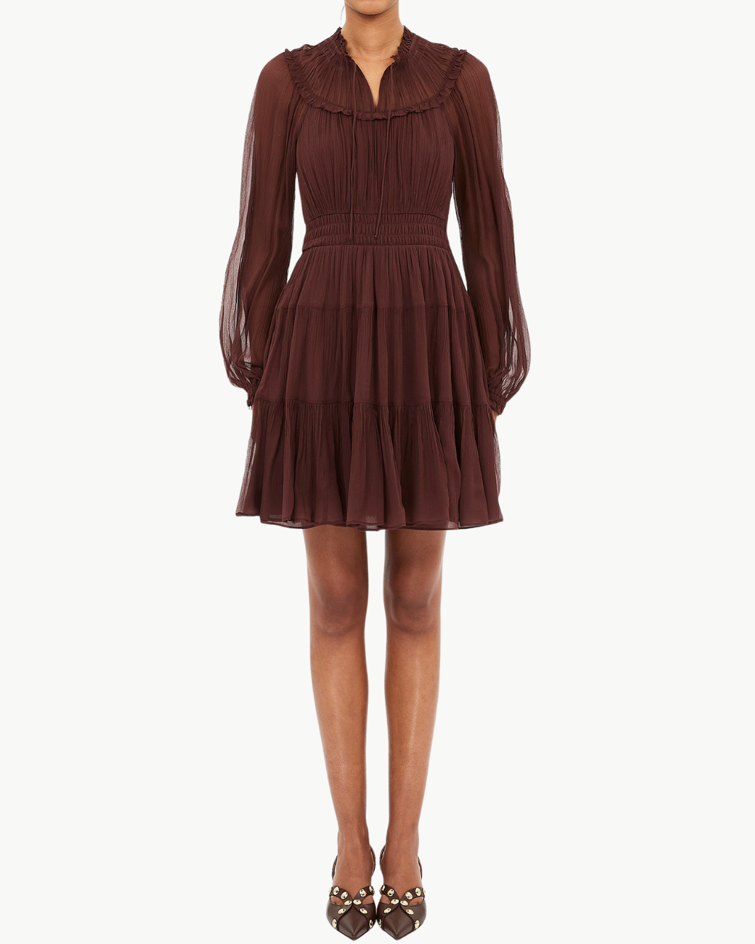 AVA SILK LONG SLEEVE MINI DRESS IN MAHOGANY