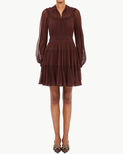 AVA SILK LONG SLEEVE MINI DRESS IN MAHOGANY