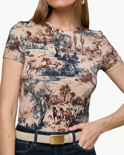 RESSI FITTED TEE IN TAN MULTI WESTERN TOILE
